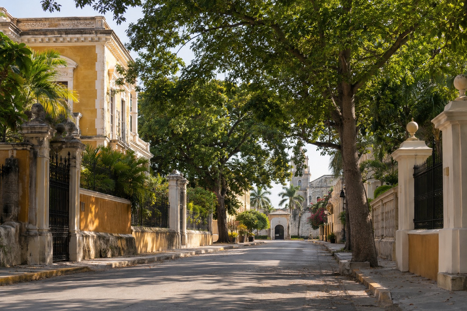 A tree-lined avenue with early-20th-century mansions on both sides in morning light