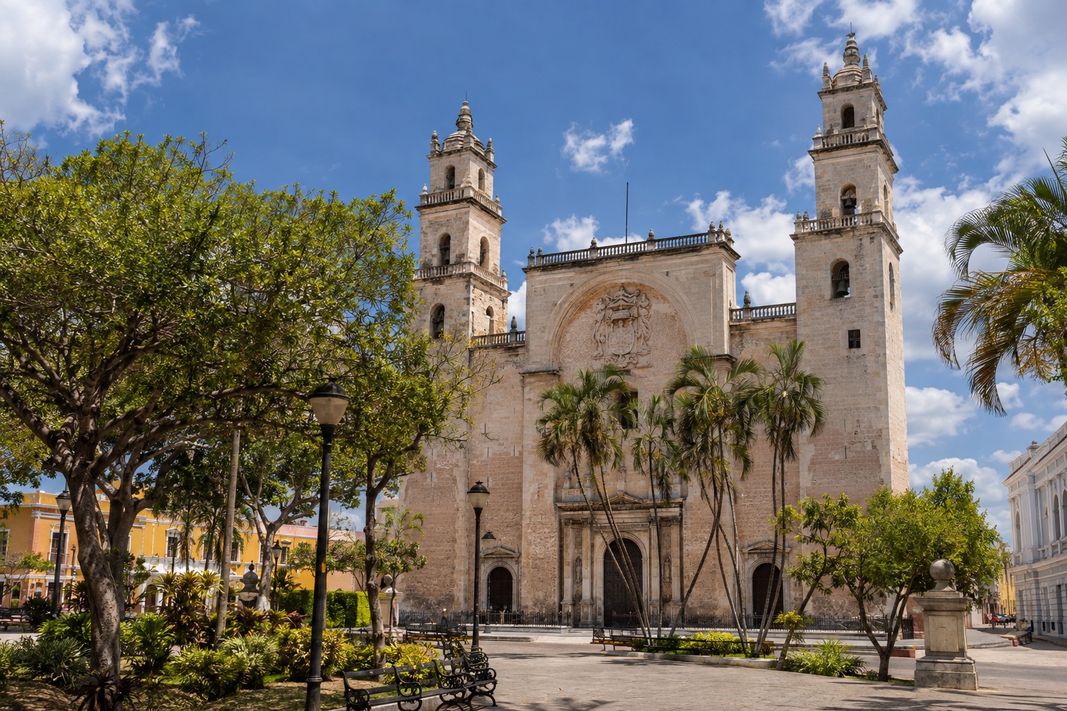 The stone cathedral beside the main square in Merida, Yucatan, under a bright sky
