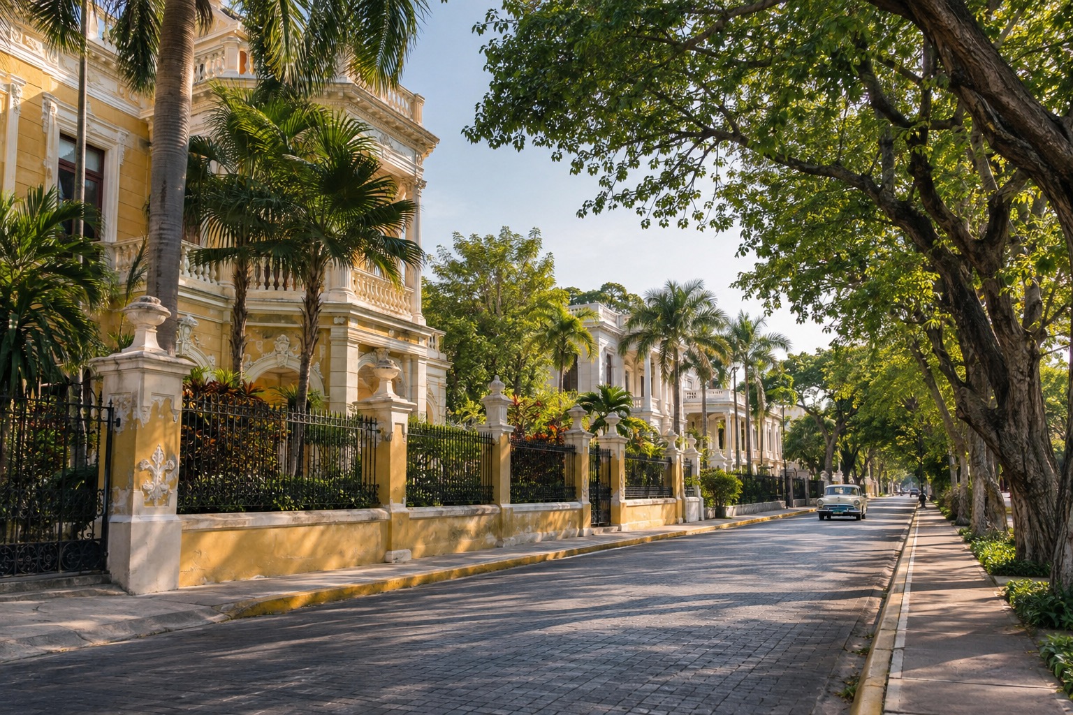 A tree-lined avenue with early-20th-century mansions in Merida, Yucatan