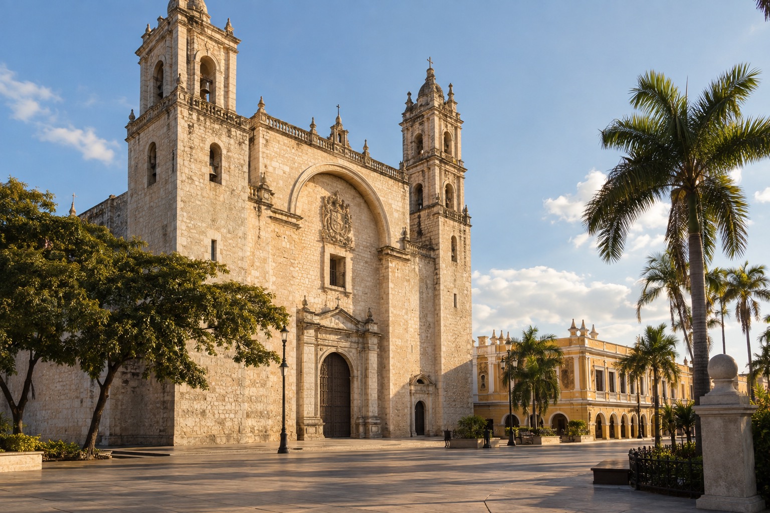 The stone facade of the Cathedral of San Ildefonso in Merida beside a plaza