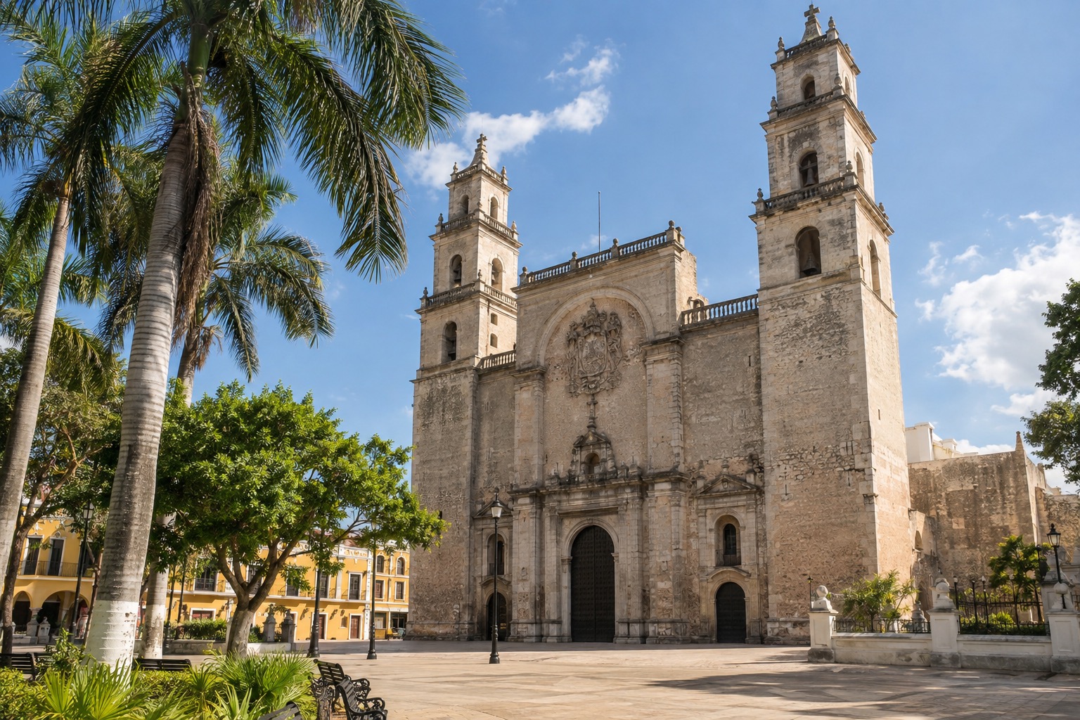 Stone colonial cathedral facade on a sunlit plaza in Merida, Yucatan
