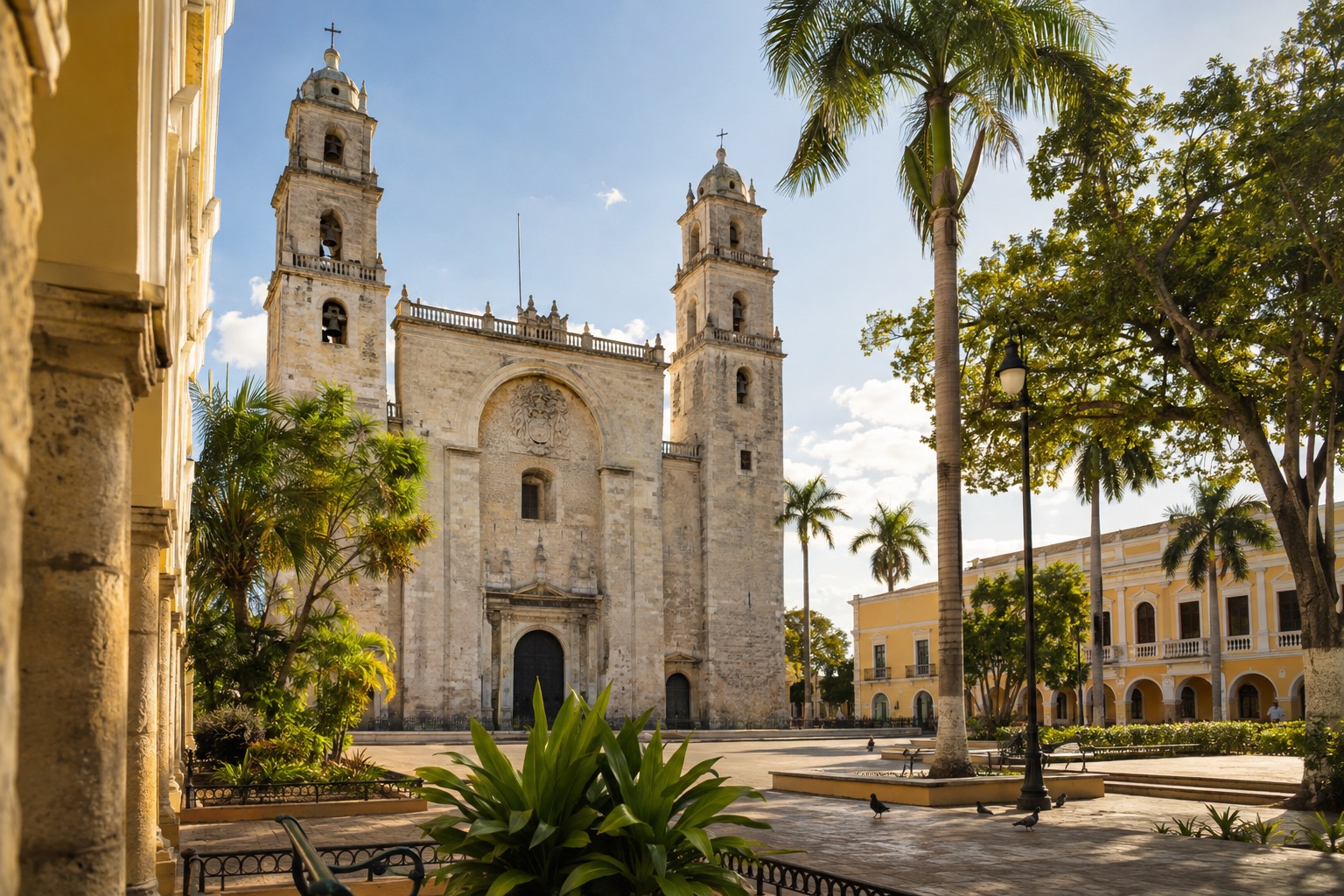 Stone cathedral facade with bell towers on a sunlit plaza in Merida, Yucatan