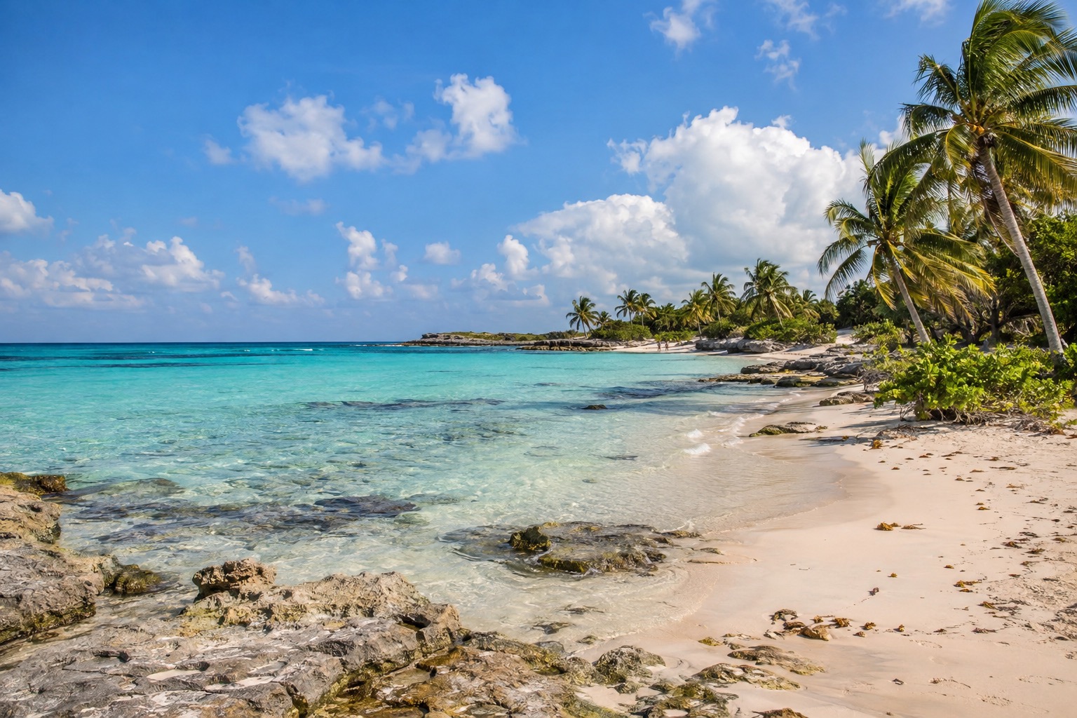 White-sand beach with turquoise Caribbean water and palm trees on the coast of Quintana Roo
