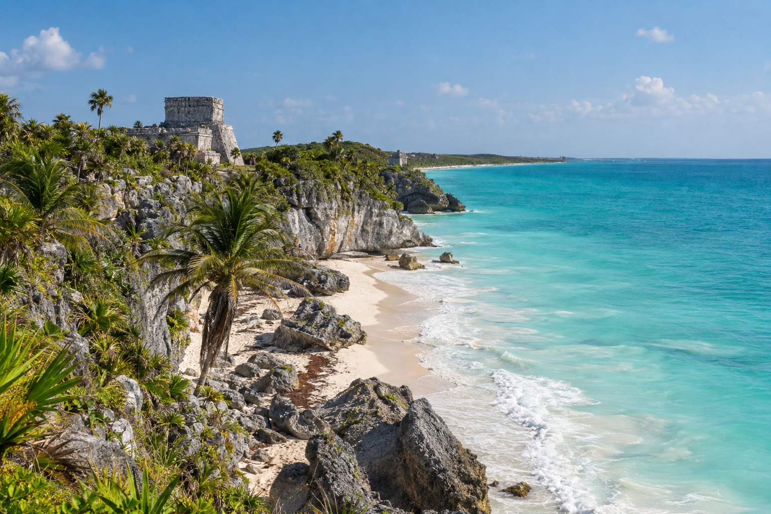 Stone ruins on a cliff above turquoise Caribbean water at Tulum, Mexico