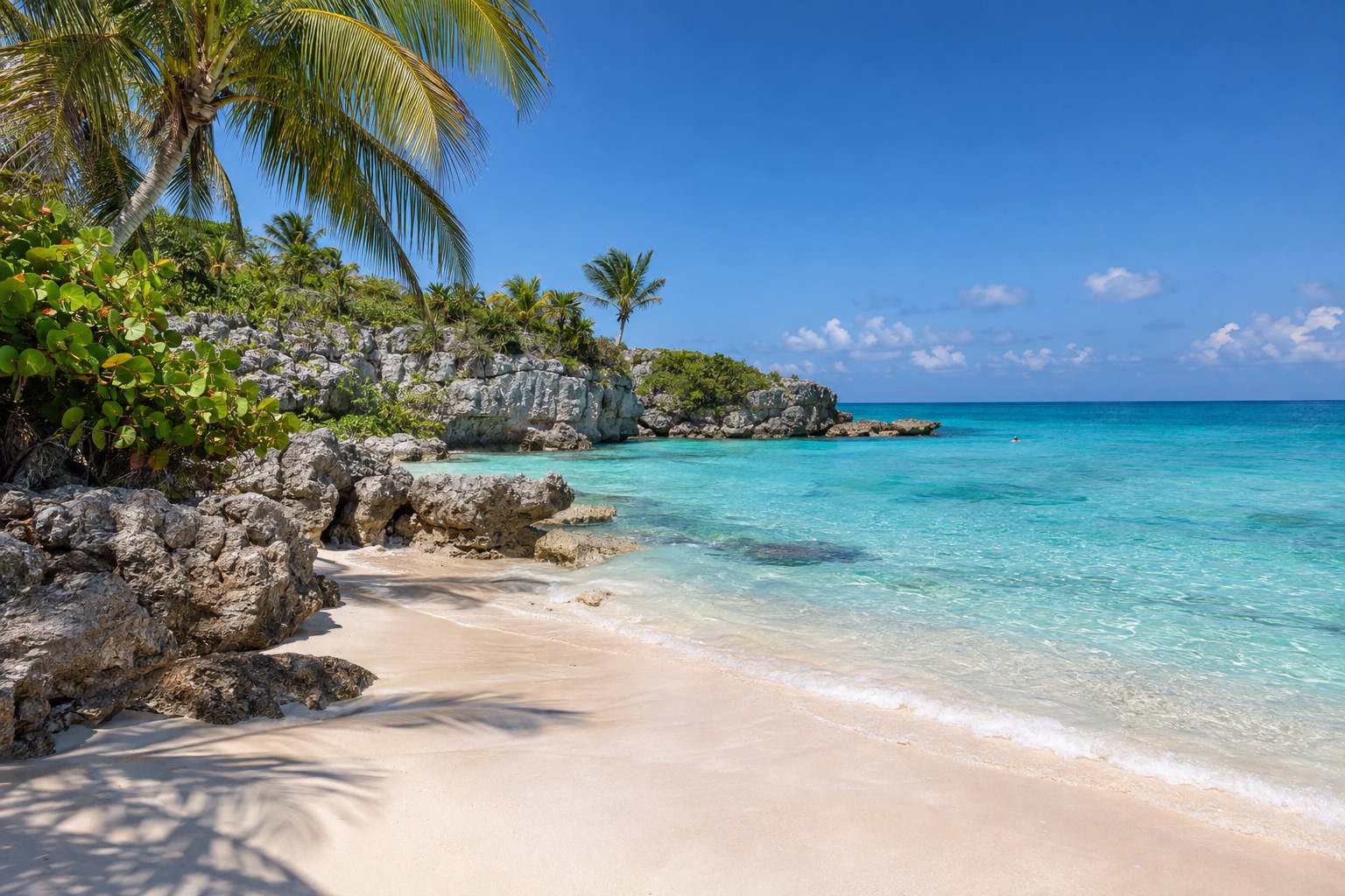 White-sand beach and turquoise water on the Caribbean coast of Quintana Roo