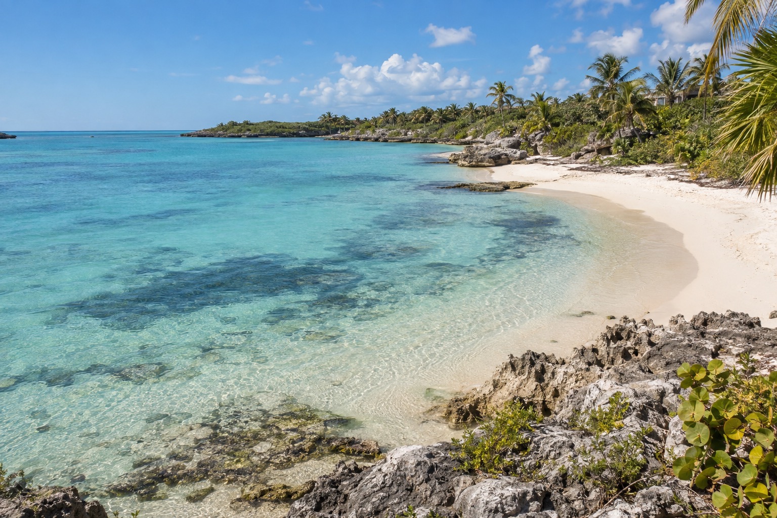 Shallow turquoise bay with dark sea grass beds and a curved sandy shoreline