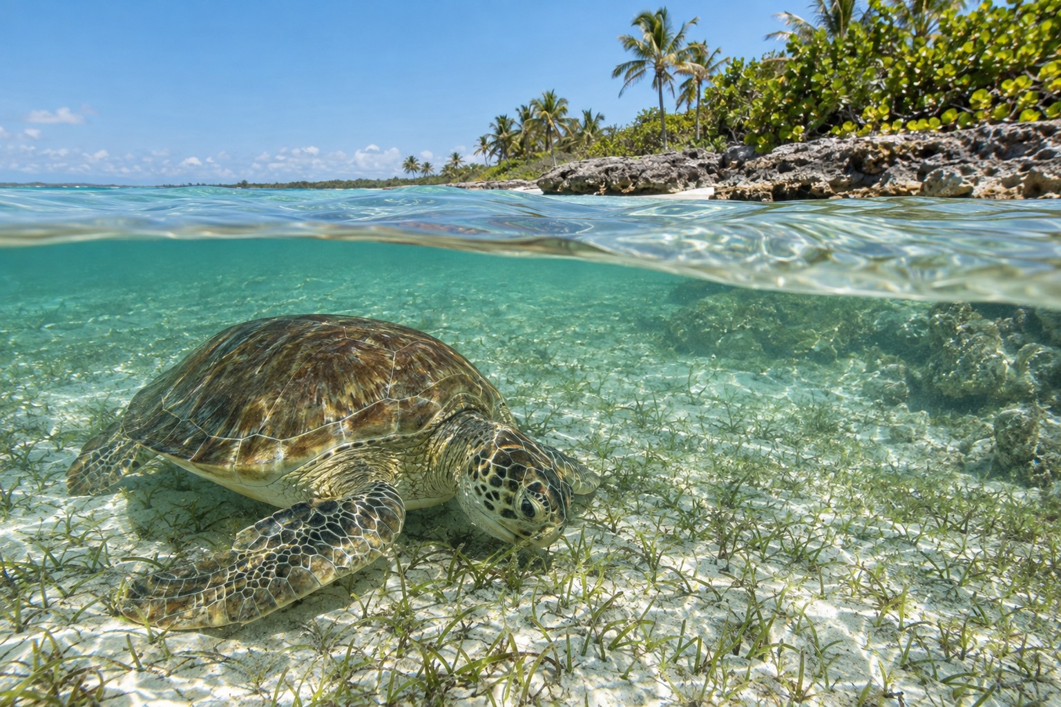 A green sea turtle grazing on sea grass in clear shallow water
