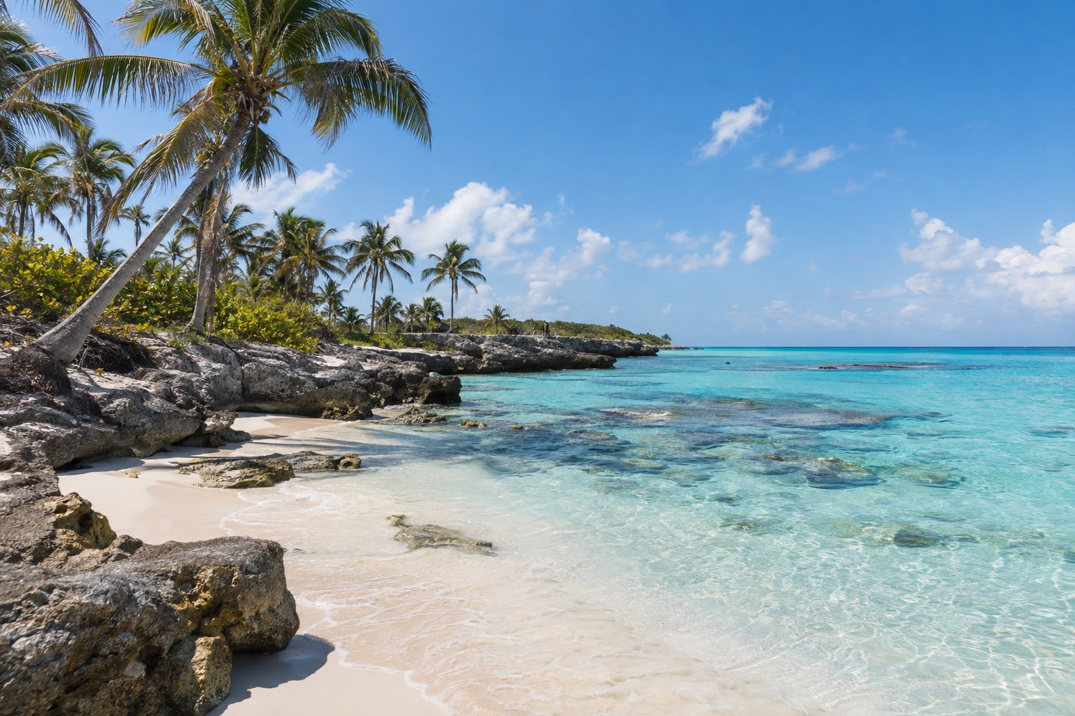 White-sand beach with turquoise water and palm trees on the Caribbean coast of Quintana Roo