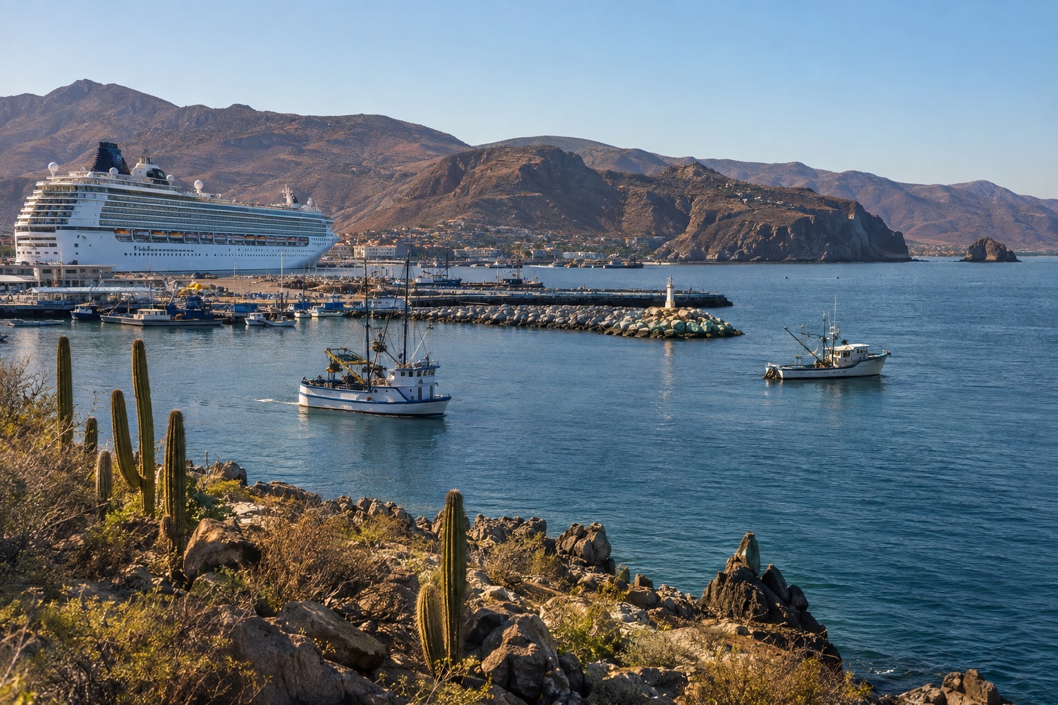 Fishing boats and a docked cruise ship in the harbor of Ensenada on a clear morning