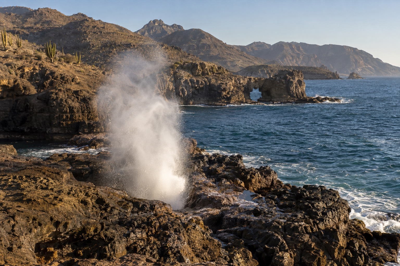 Seawater plume rising from a blowhole on a rocky coastal headland
