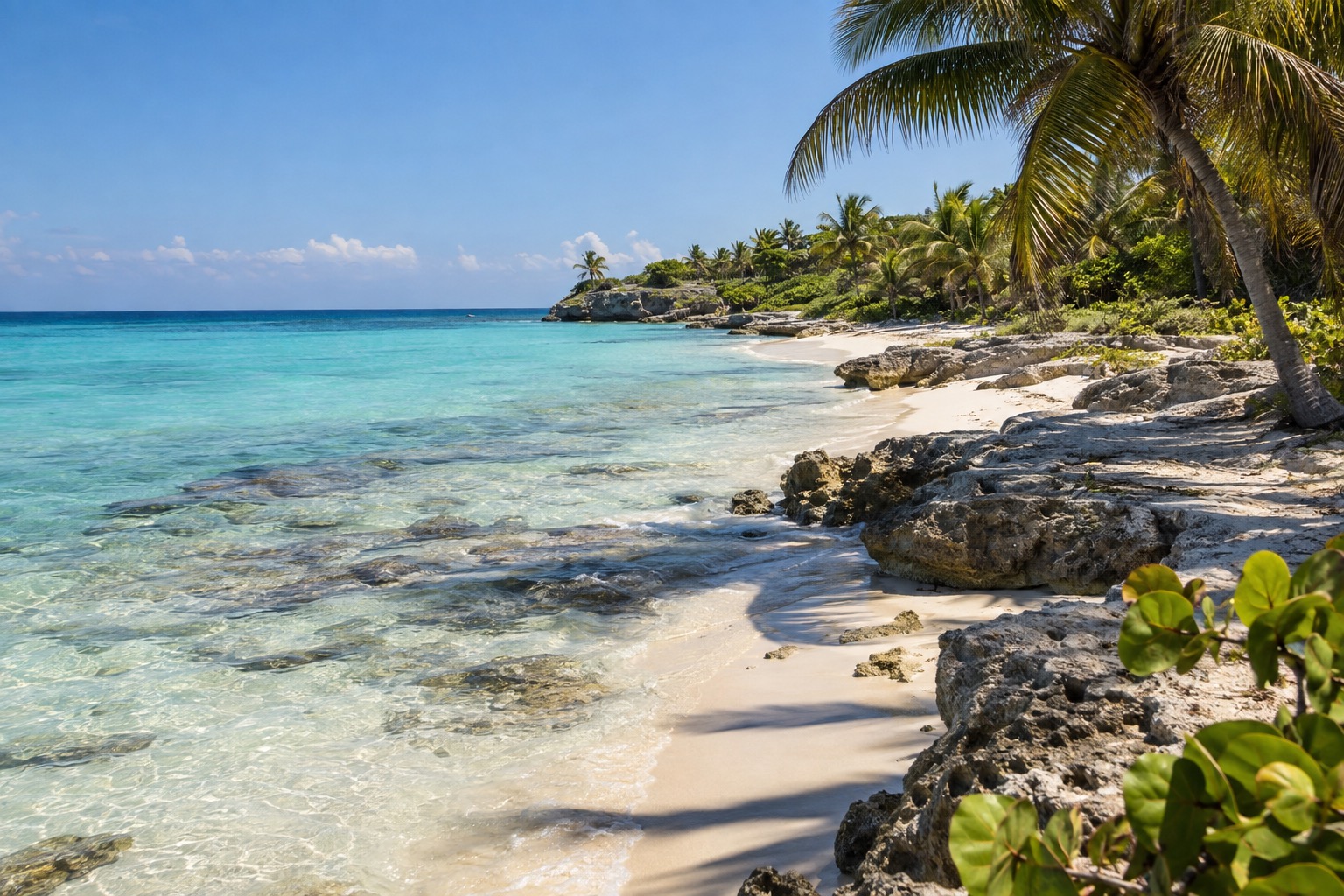 Turquoise Caribbean water and white sand on the Quintana Roo coast, with palm trees along the shore