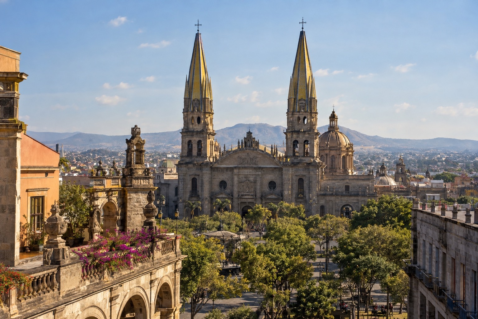 Twin yellow-tiled spires of Guadalajara cathedral rising above the Plaza de Armas