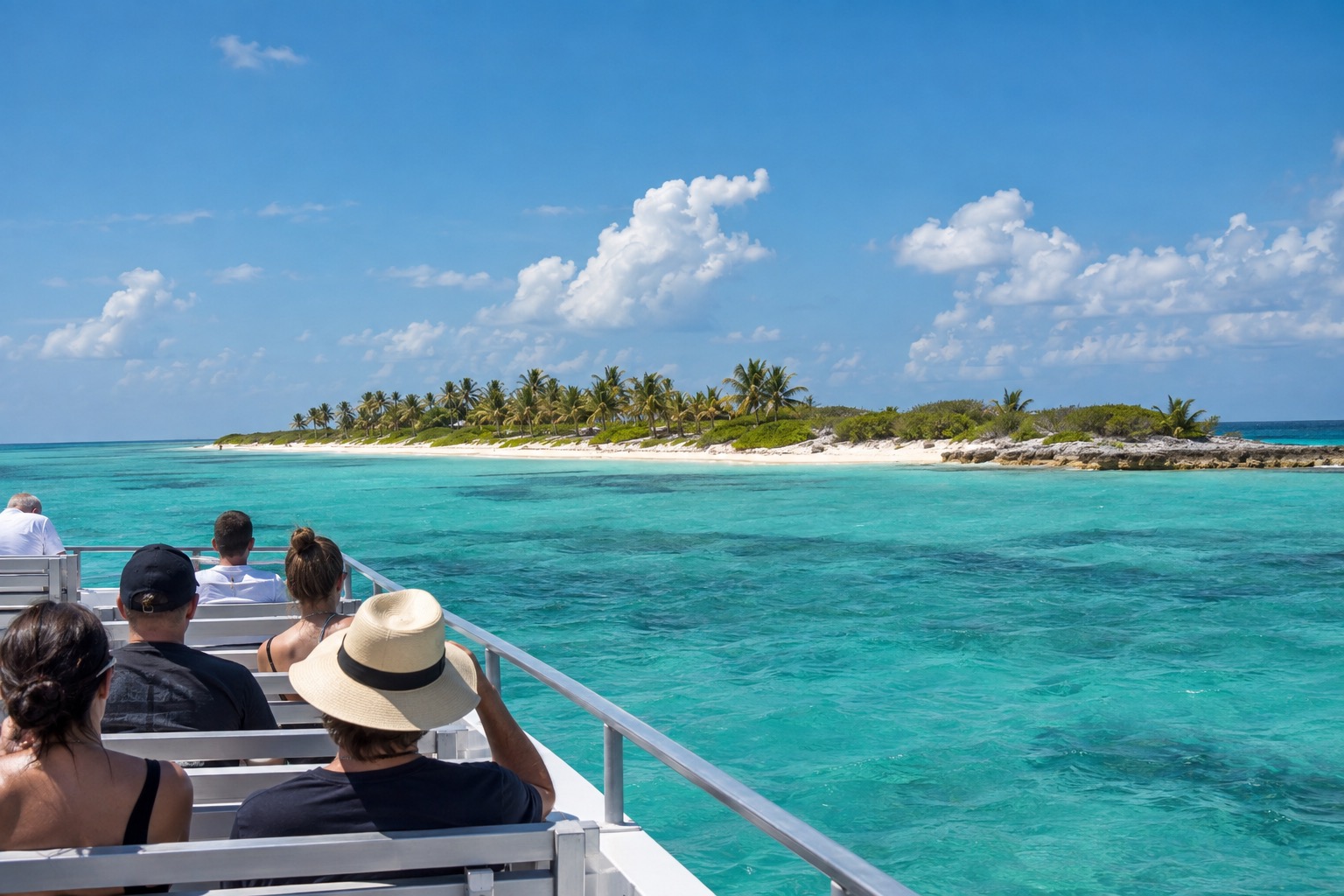 A passenger ferry crossing turquoise water toward a low island
