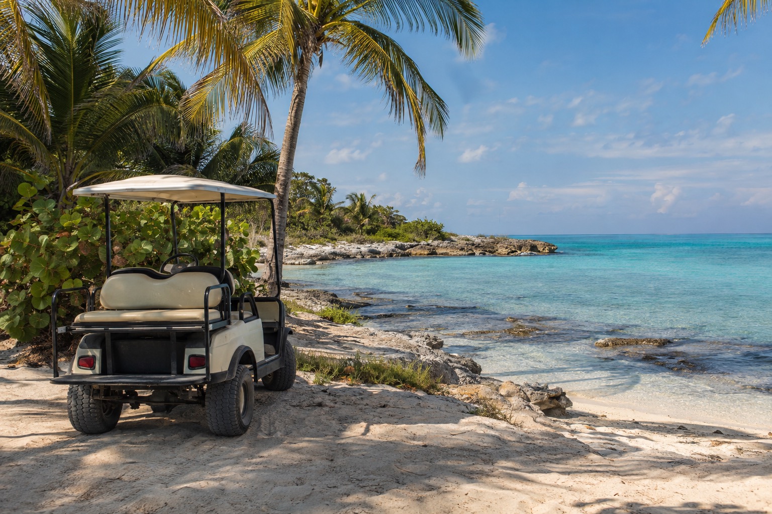 A golf cart parked beside a calm beach on a small island