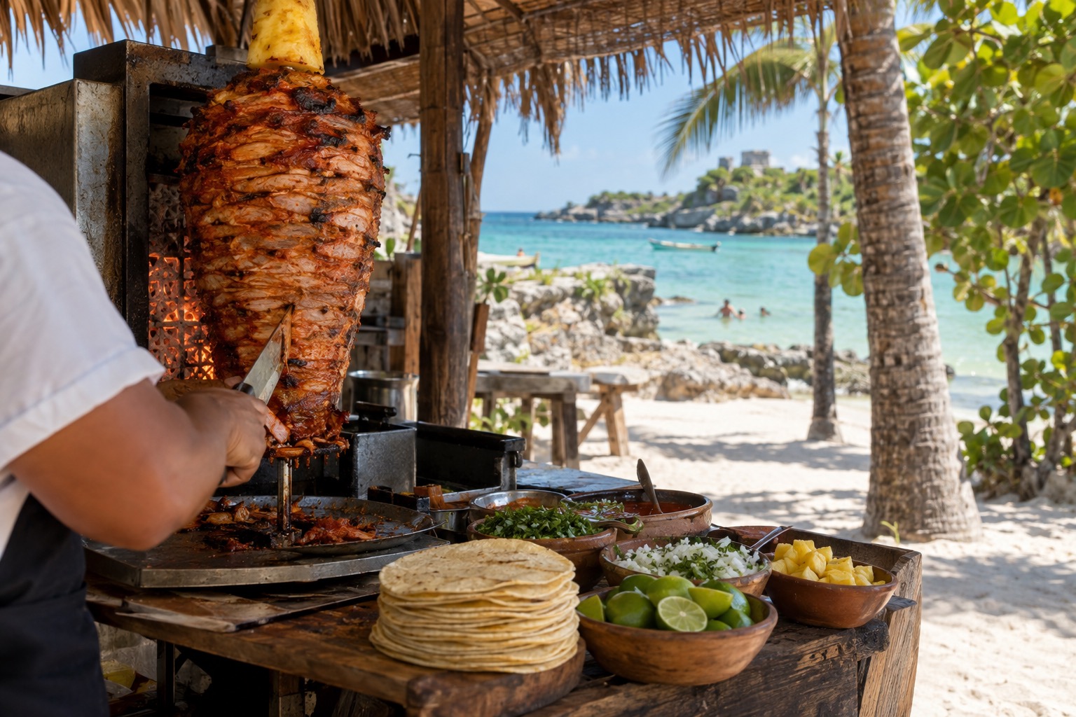 A taco stand at a Mexican street market with a vertical spit of marinated pork and a stack of corn tortillas
