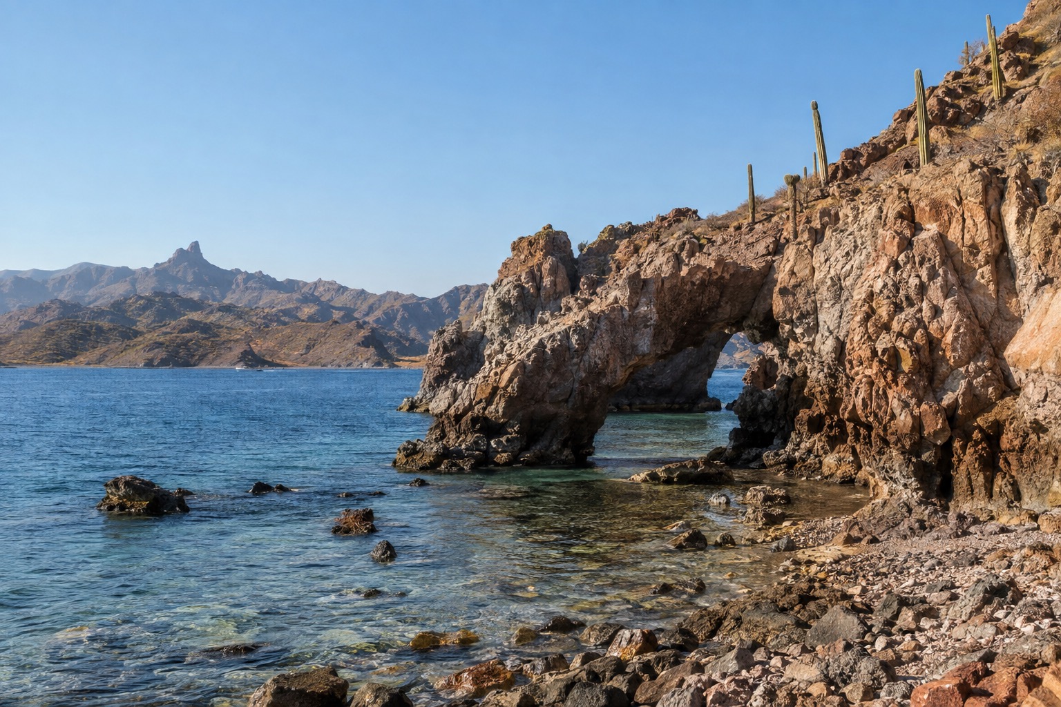 A rocky desert island shoreline meeting clear shallow water in a bay