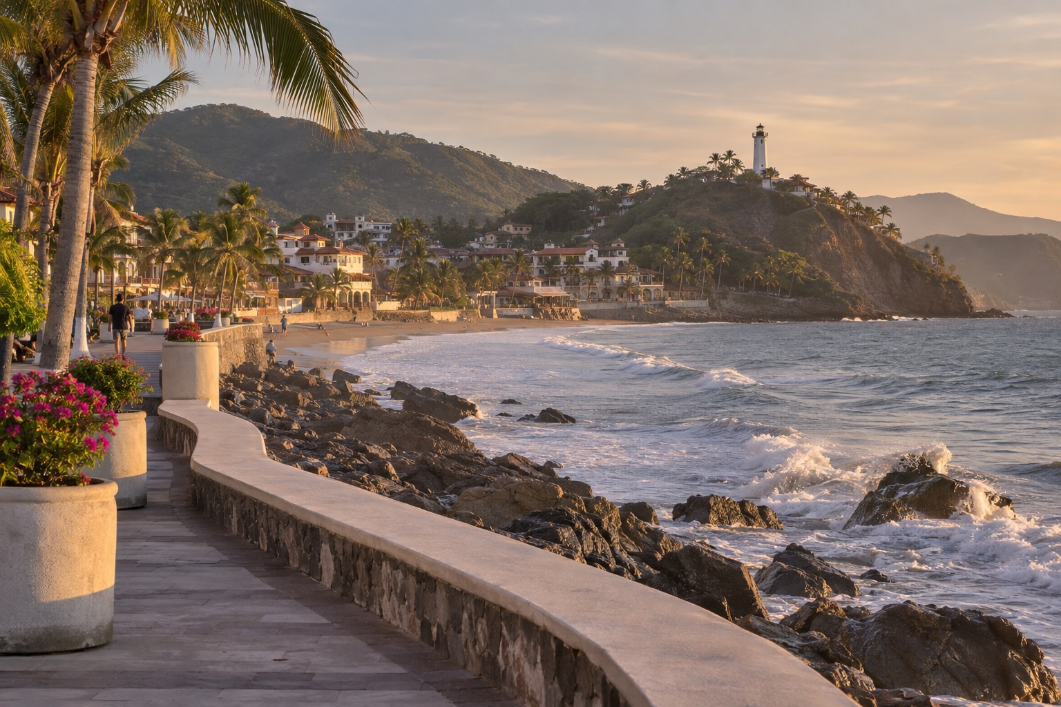 Oceanfront promenade curving along the Pacific shore in a coastal Mexican city, with a lighthouse on a hill in the distance