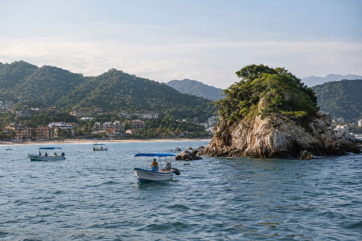 Small boats on calm water off a rocky island in a bay, with a city shoreline behind
