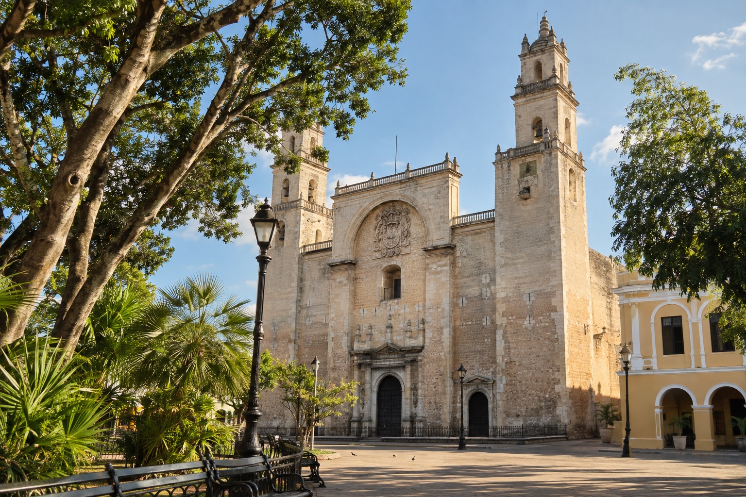 The stone facade of a colonial cathedral facing a plaza in Merida