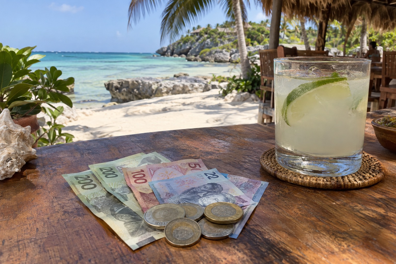 Mexican peso banknotes and coins fanned out on a wooden café table beside a glass of lime water