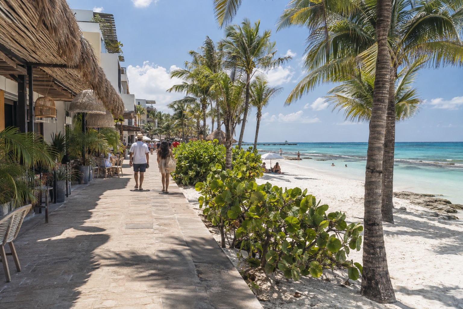 A pedestrian street lined with shops and restaurants running parallel to a Caribbean beach in Playa del Carmen