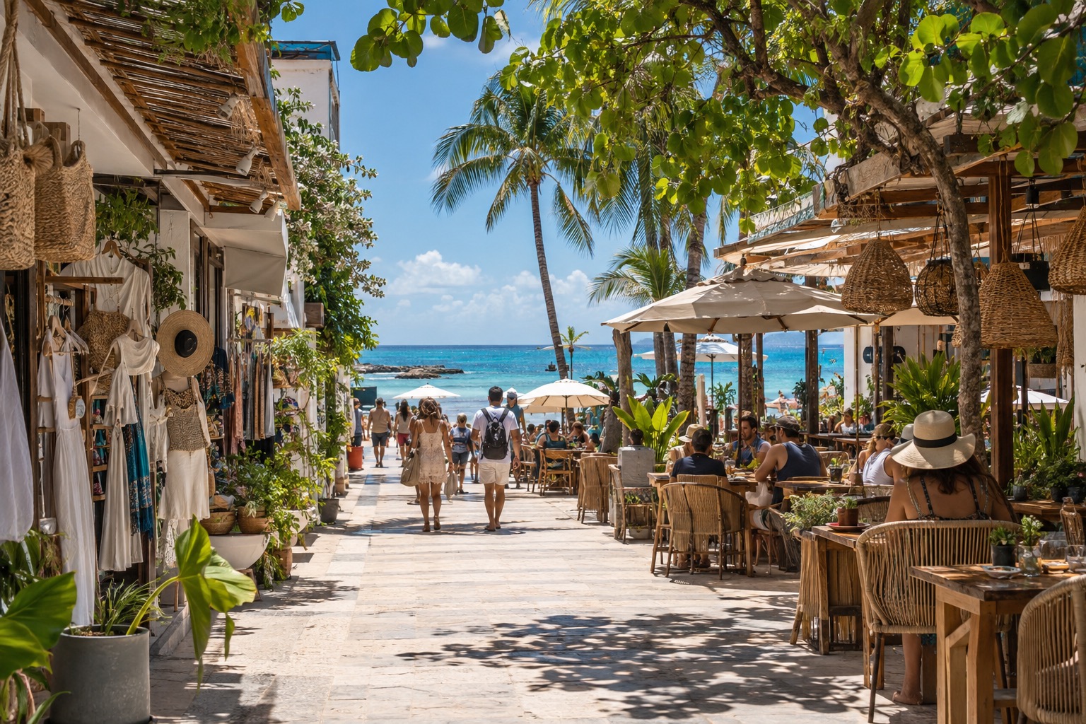Shops, restaurant terraces and pedestrians on a car-free avenue in Playa del Carmen