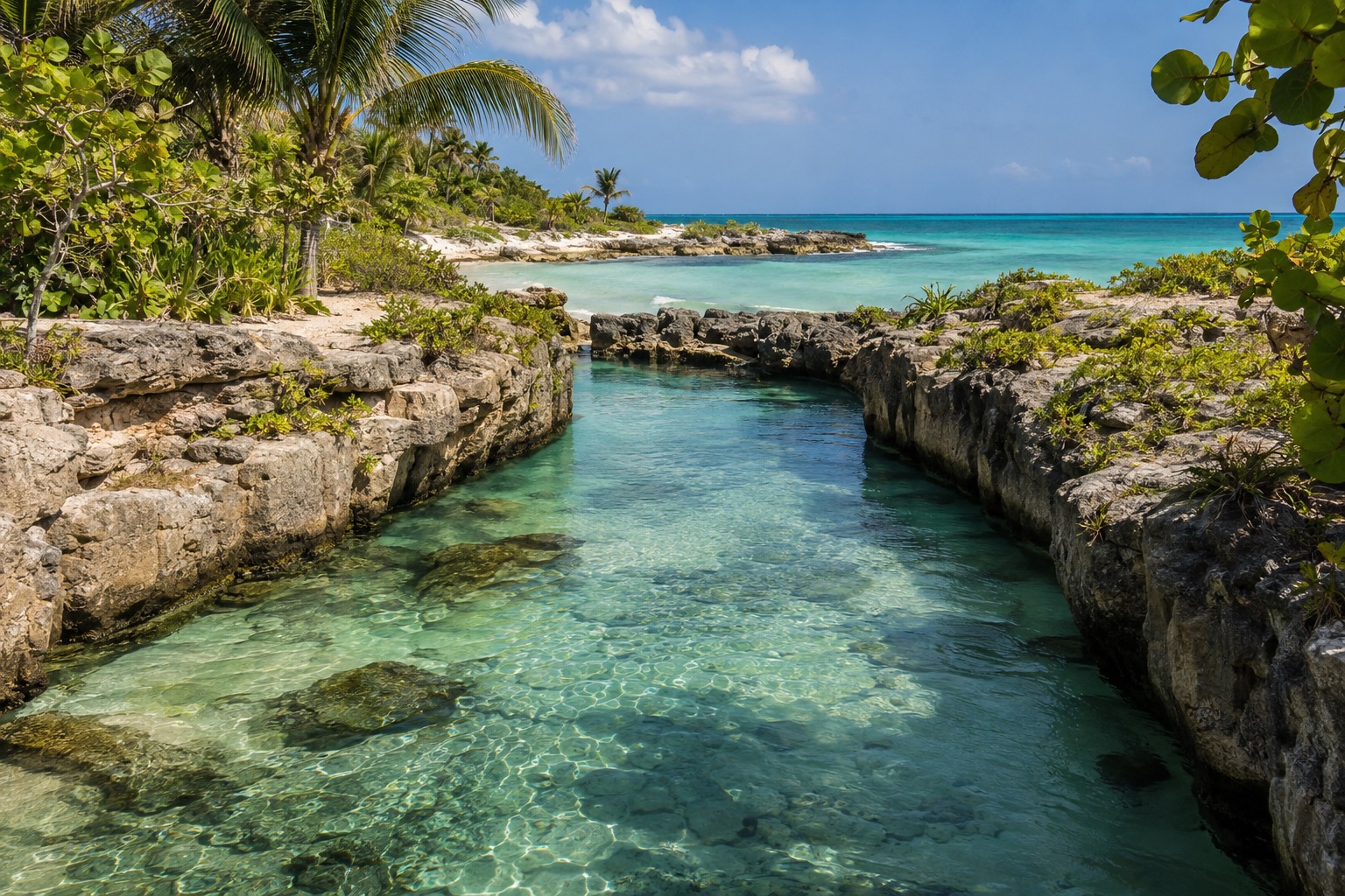 A stone-walled underground river channel with clear water in a Riviera Maya park