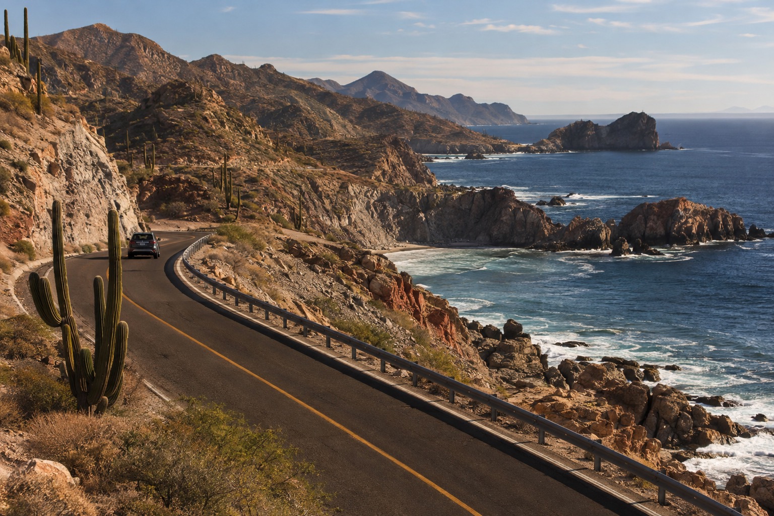 A coastal highway curving above the Pacific Ocean on the Baja California coast