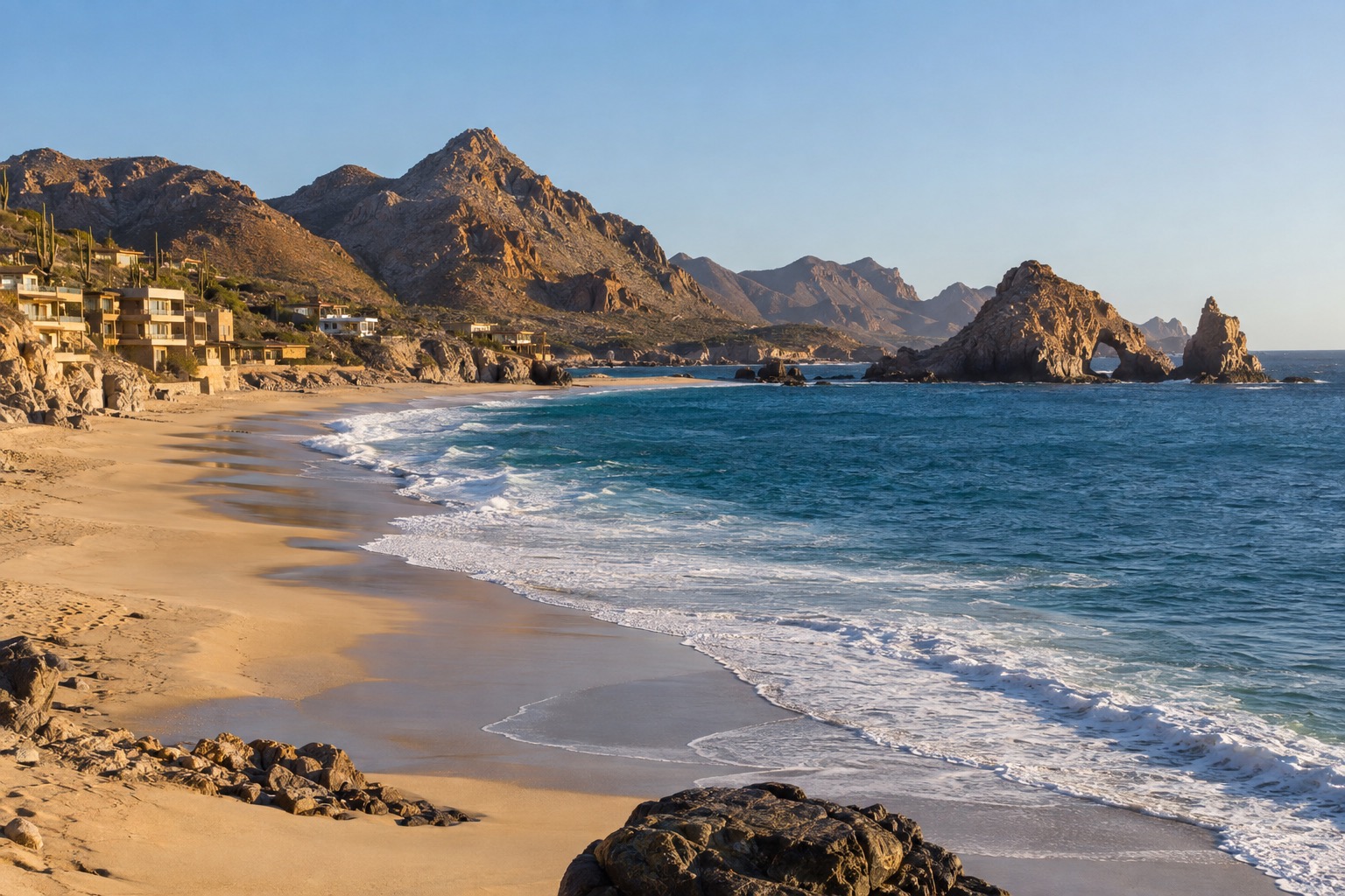Waves reaching a wide sandy beach beside a row of oceanfront buildings