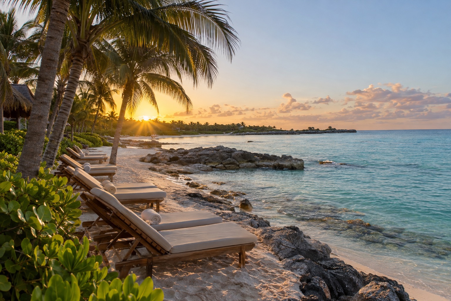 A quiet Caribbean beach at sunrise with palm trees and a row of loungers on the Quintana Roo coast