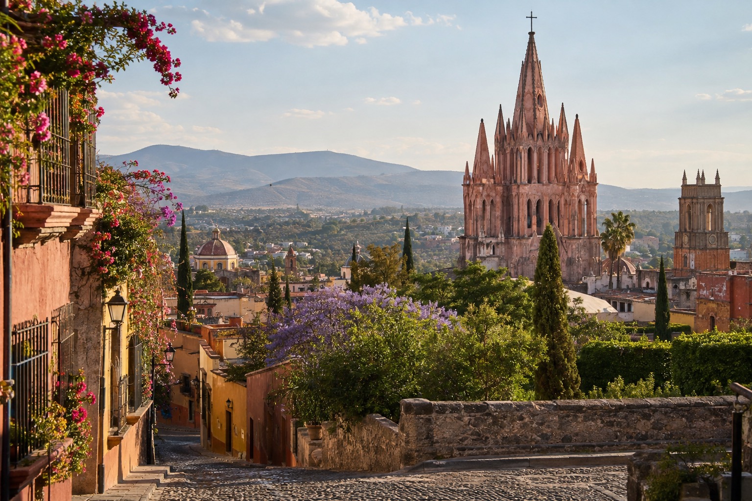 Pink neo-Gothic church towers rising above a tree-lined plaza and cobbled streets with colonial facades