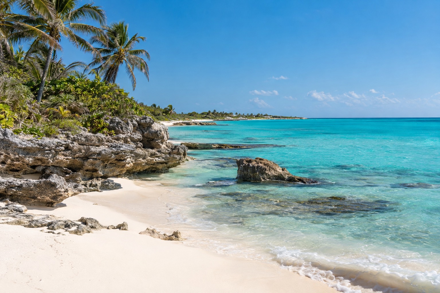 Turquoise Caribbean water and palm trees along a white-sand beach on the Yucatan Peninsula