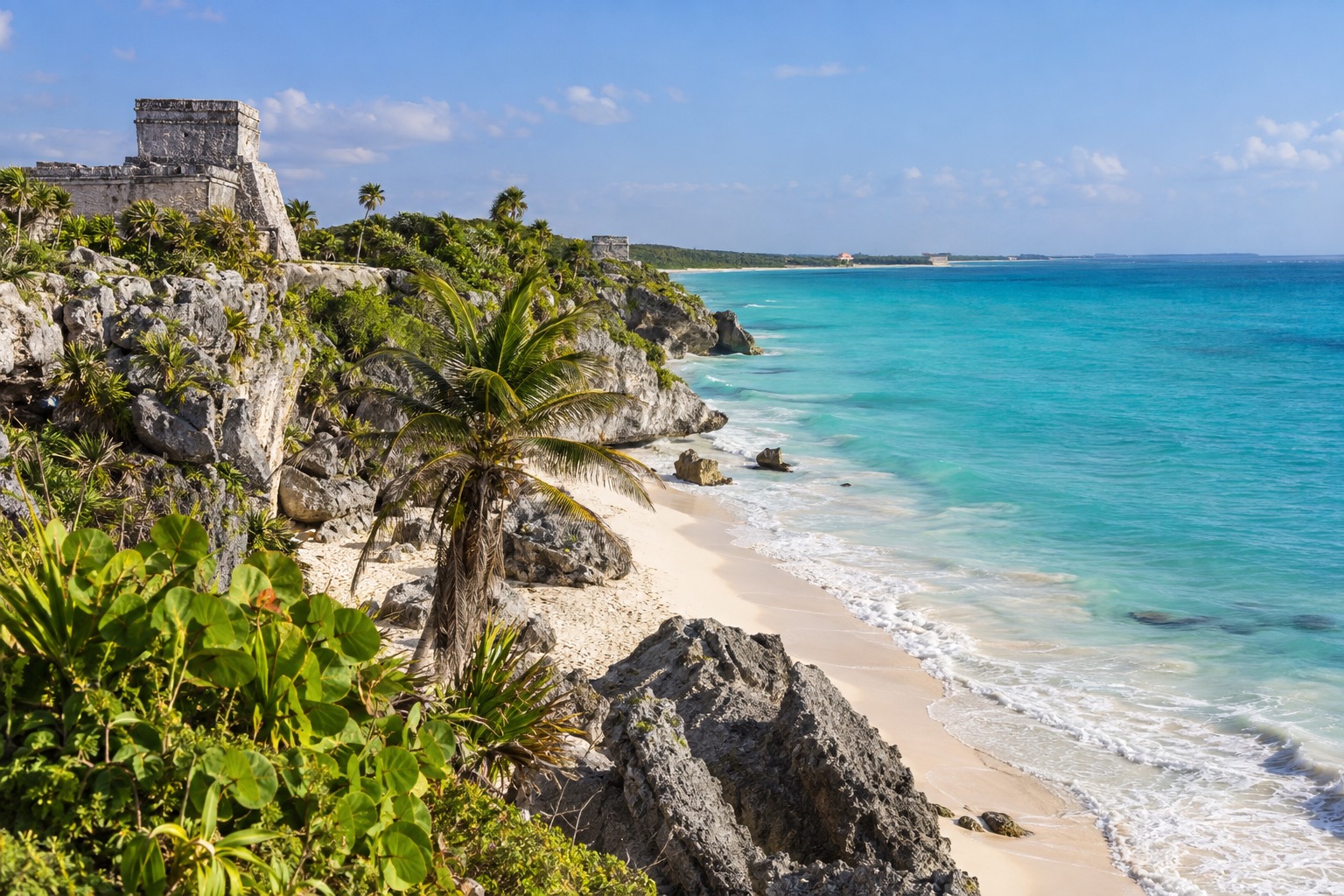 Palm trees and white sand along the Caribbean coast near Tulum, Quintana Roo