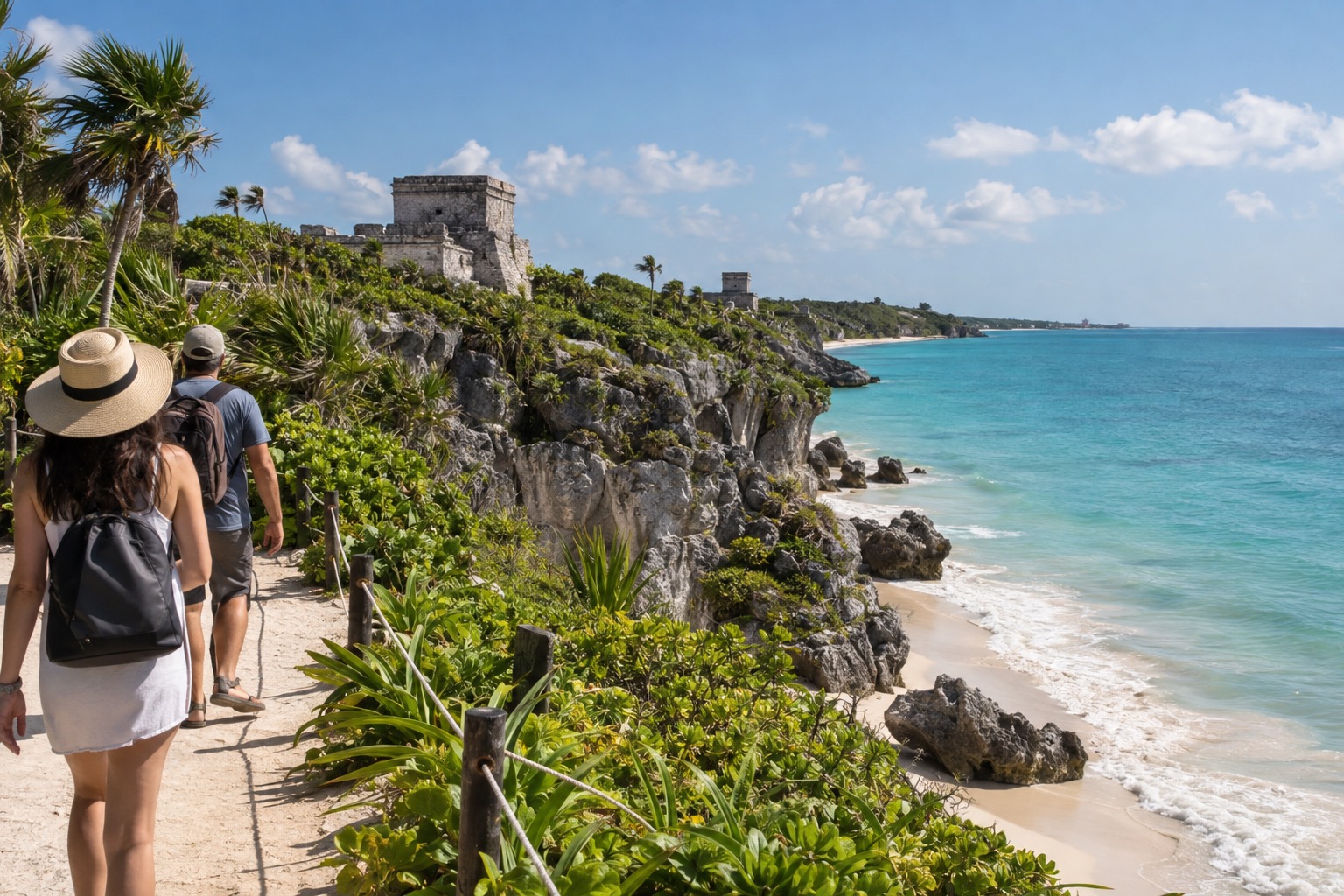 A quiet white-sand cove with clear Caribbean water below limestone cliffs