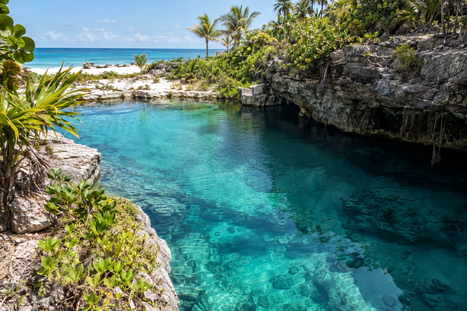 A limestone cenote pool ringed by green jungle on the Riviera Maya coast