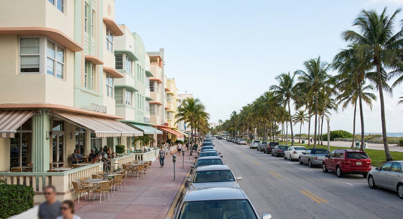 Palms and a wide sand beach in front of low pastel buildings on a clear winter morning