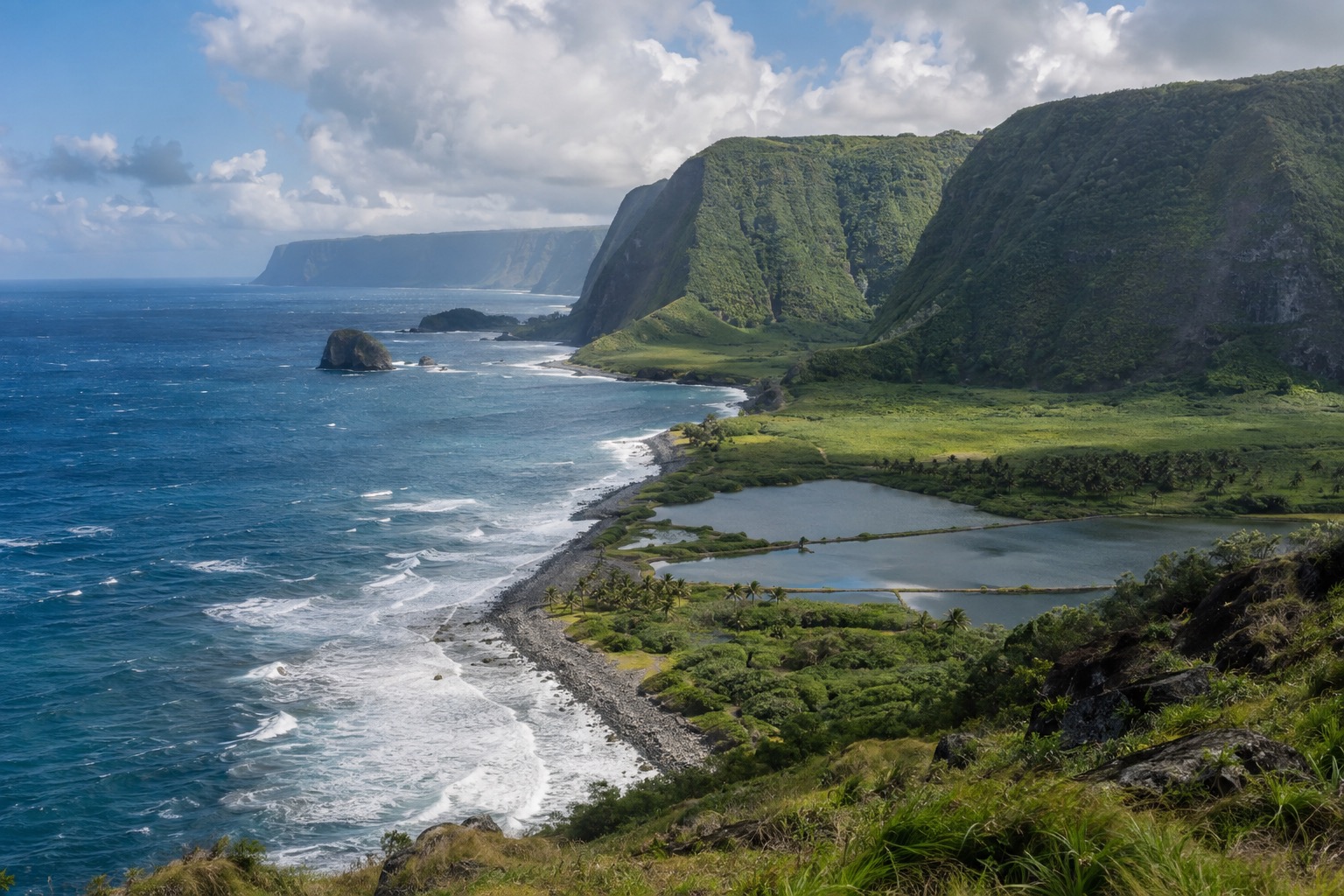Coastal cliffs and green pastureland on Molokai's north shore under a partly cloudy February sky