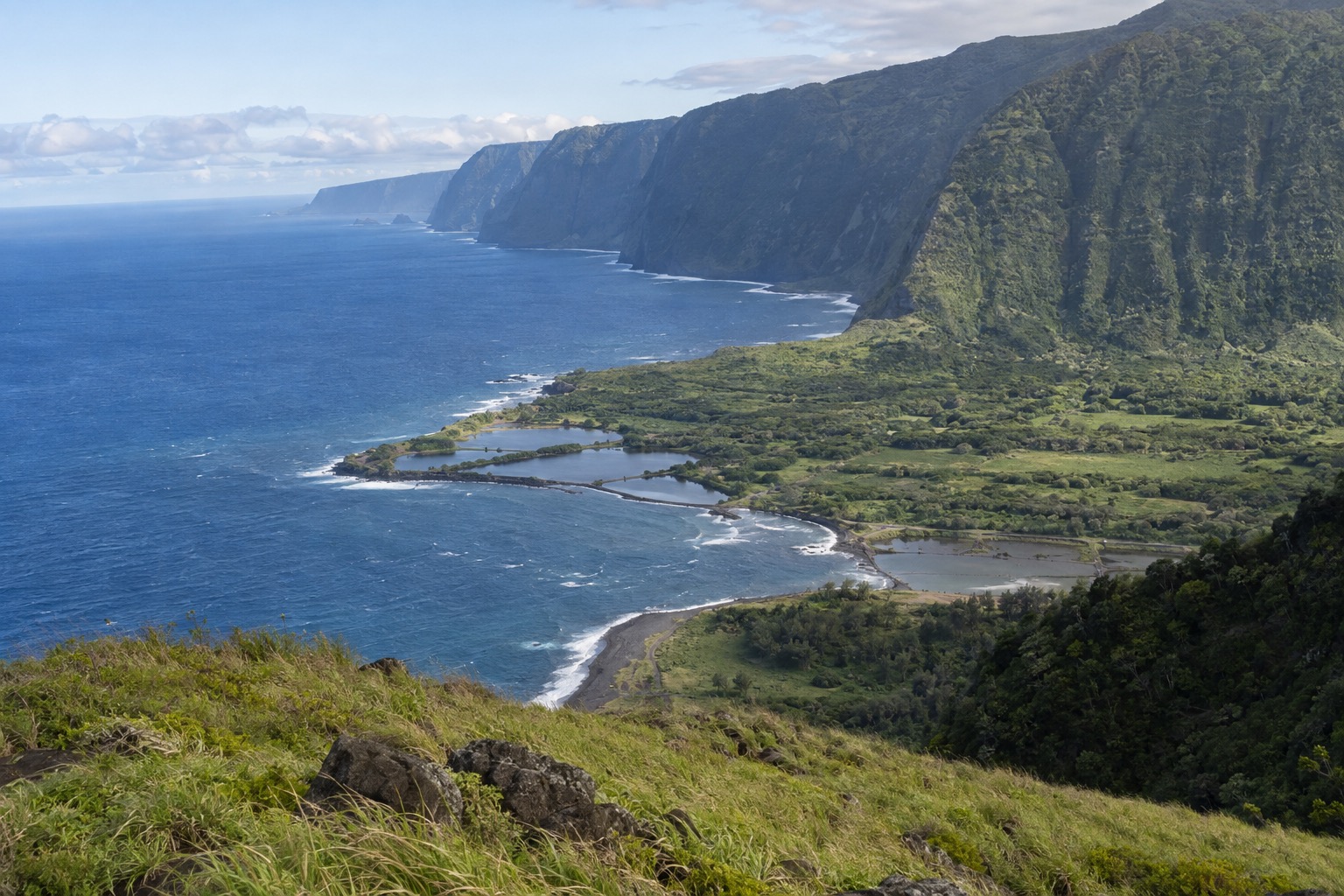 Grassy clifftop overlook facing the Kalaupapa peninsula on Molokai