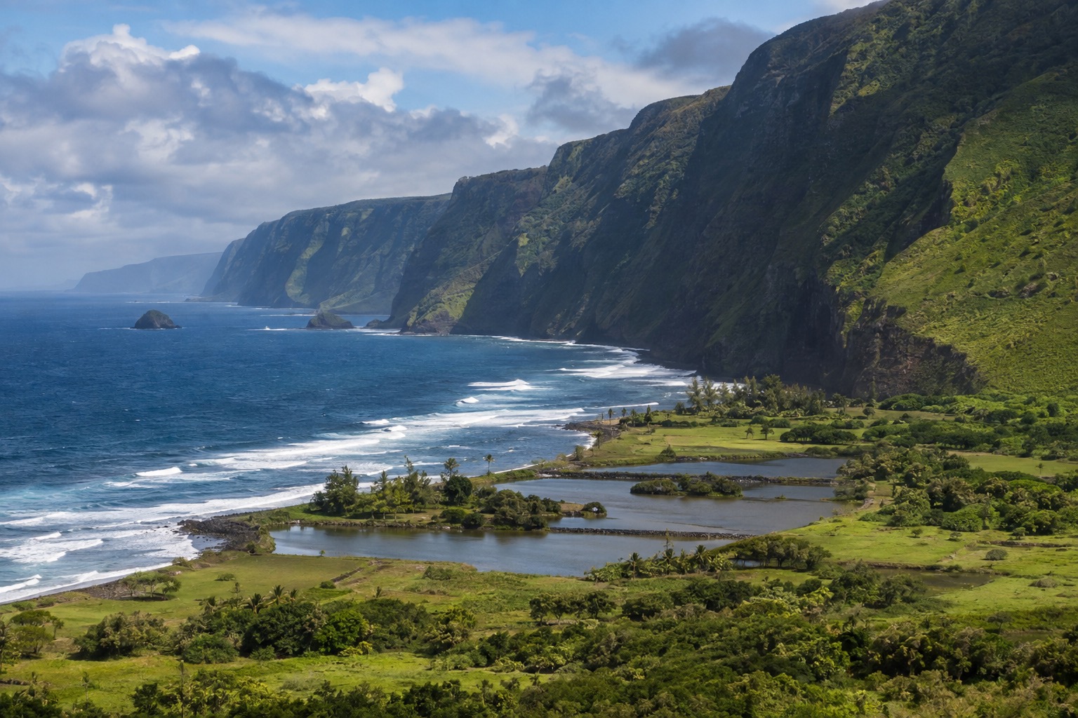 Sea cliffs and green pastureland along Molokai's north shore under a partly cloudy March sky