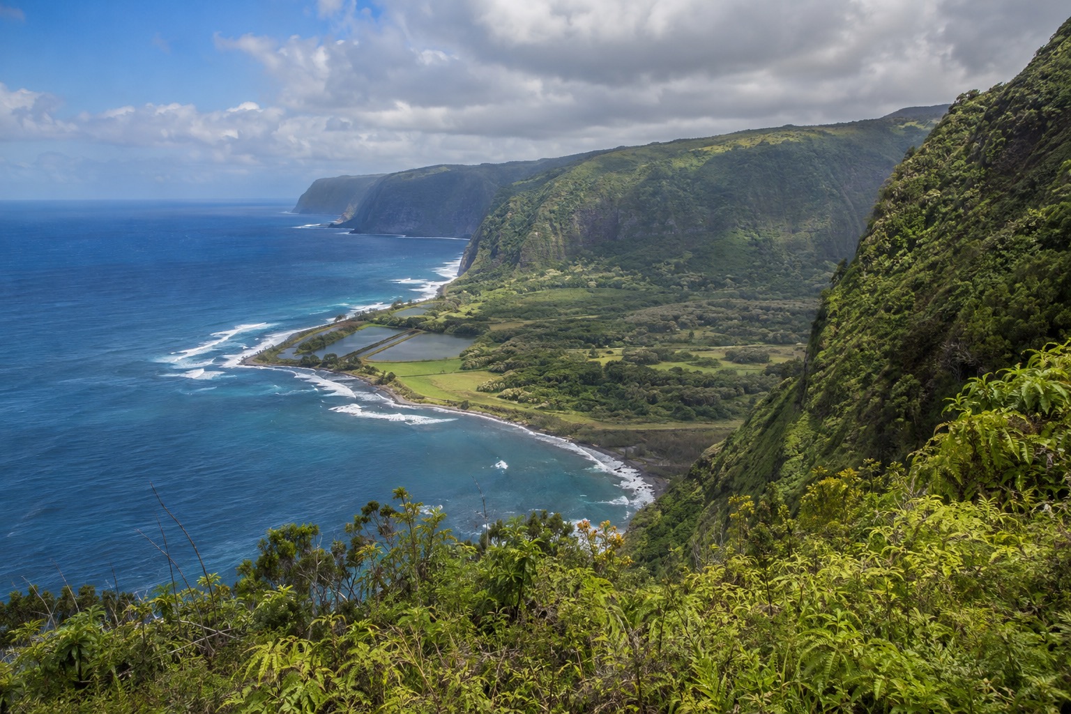 Steep green sea cliffs above the Kalaupapa peninsula on Molokai's north shore