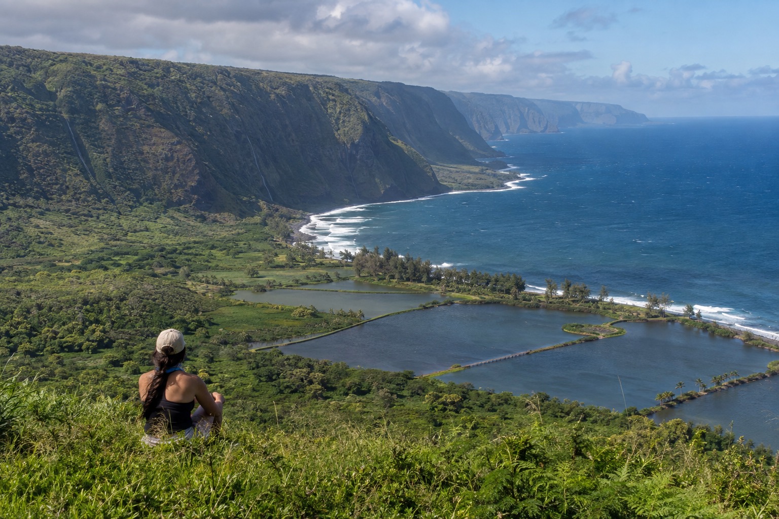 A grassy overlook above a peninsula bordered by cliffs on Molokai's north shore