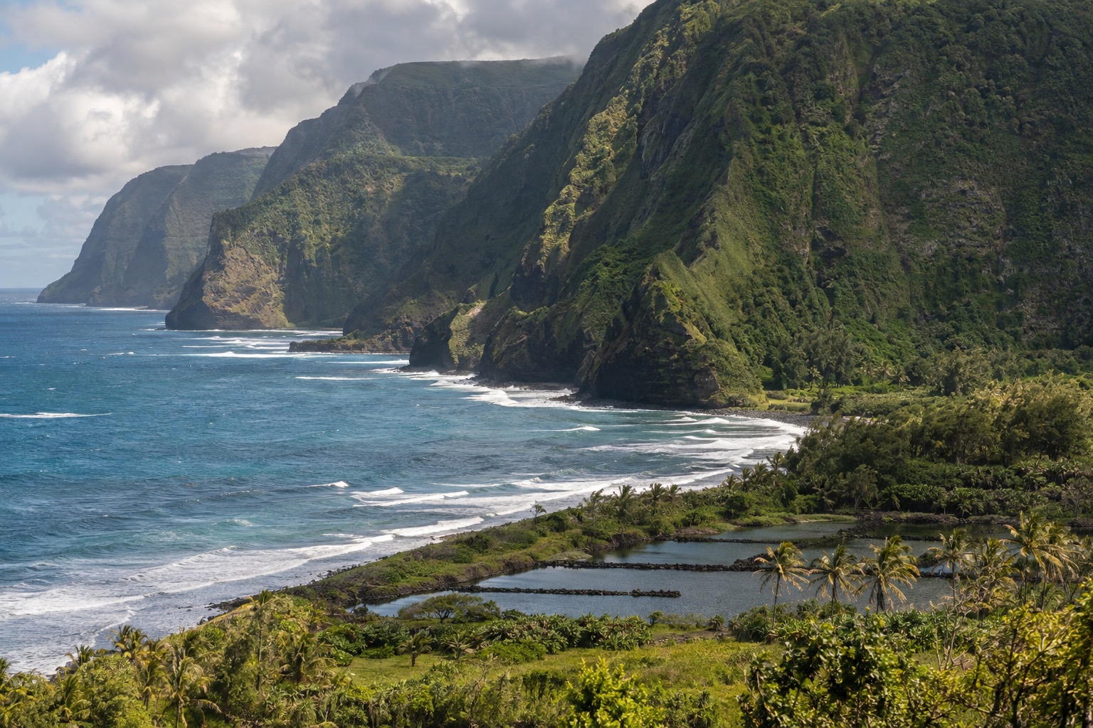 Green sea cliffs meeting small waves along Molokai's undeveloped north shore