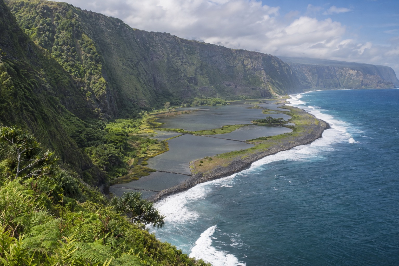 A green sea cliff dropping to a narrow peninsula on Molokai's north shore