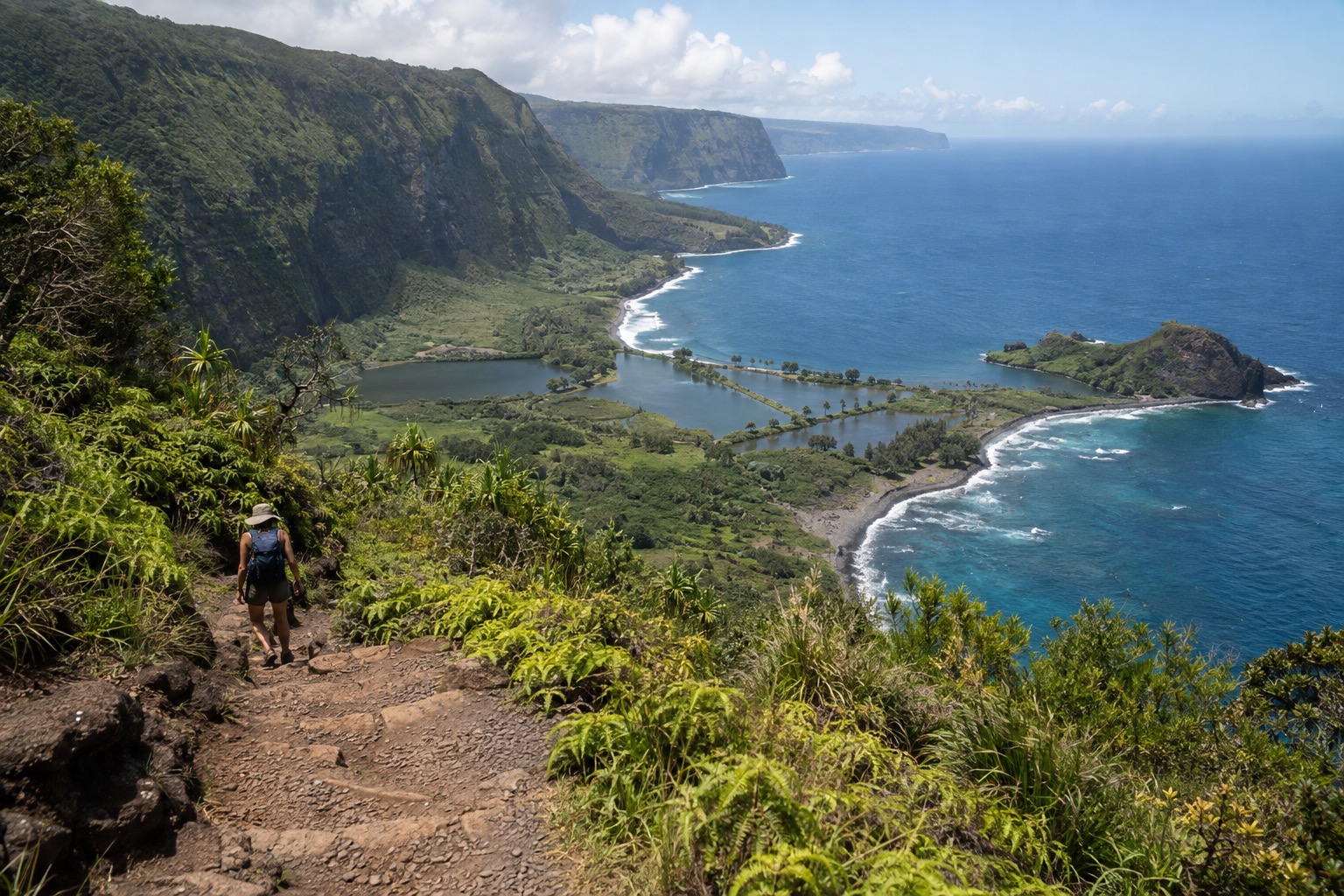 A steep switchback trail descending toward a remote peninsula on Molokai's north coast