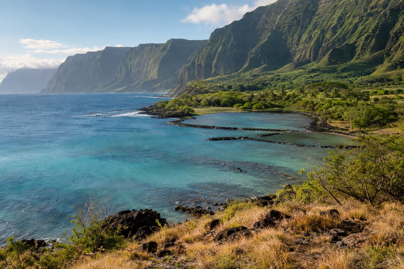 Turquoise water and a dry grassy shoreline on Molokai's south coast in early morning light