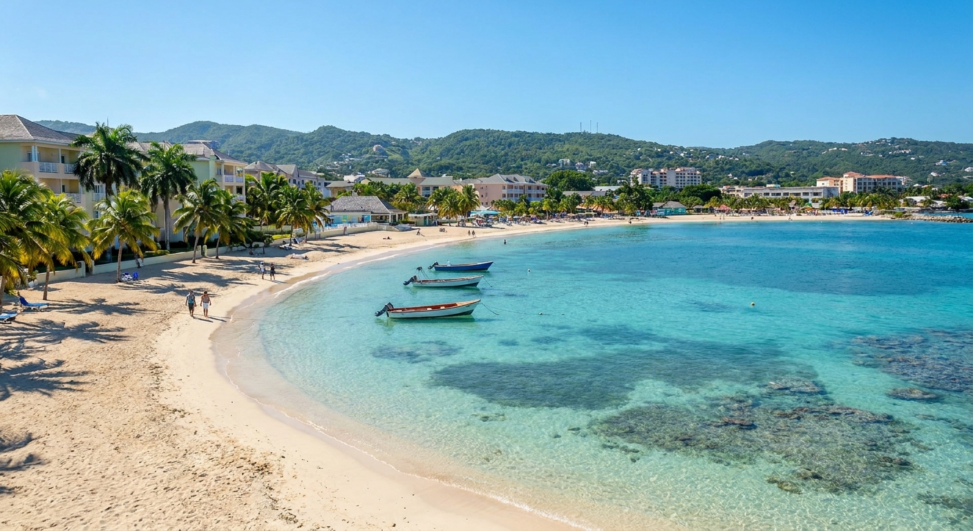 Calm turquoise water and a curving sand beach along the Montego Bay waterfront under bright sun