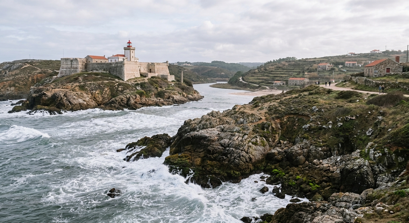 Clifftop view over a long beach and a red lighthouse on an old fort at Nazaré