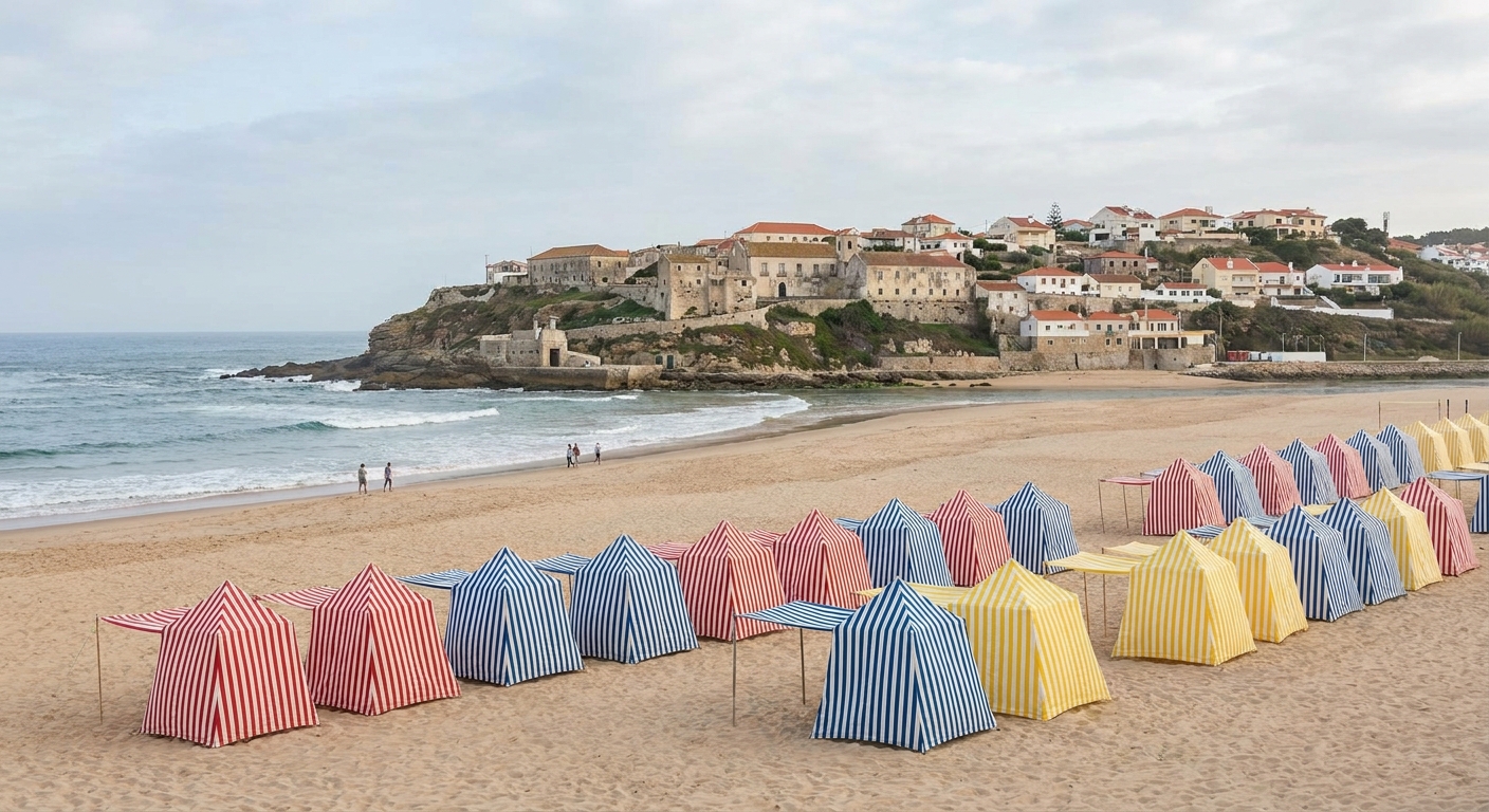 Wide sandy beach below a high headland at Nazaré with striped canvas windbreaks and low surf