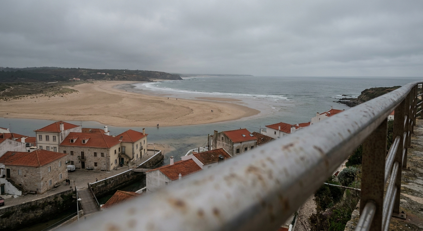 Waves breaking below the cliff at Praia do Norte in Nazaré under a gray winter sky