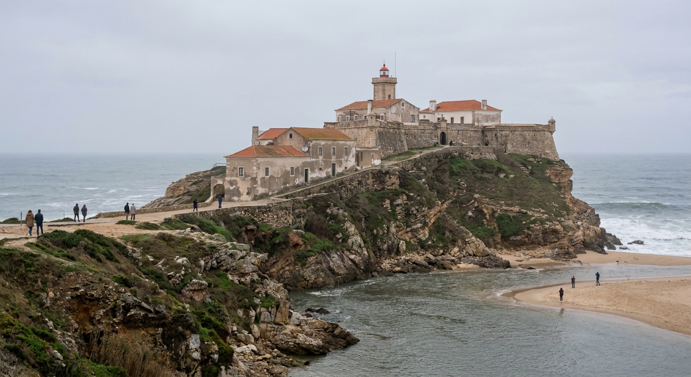 Waves breaking below a clifftop fort and lighthouse at Nazaré under a winter sky